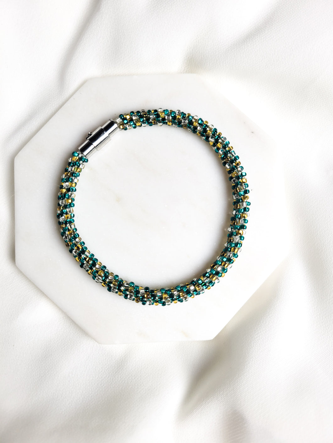 Teal Silver and Gold Kumihimo Bracelet